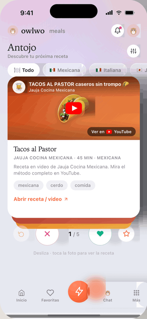 Pantalla Antojo deslizando una receta de Tacos al Pastor
