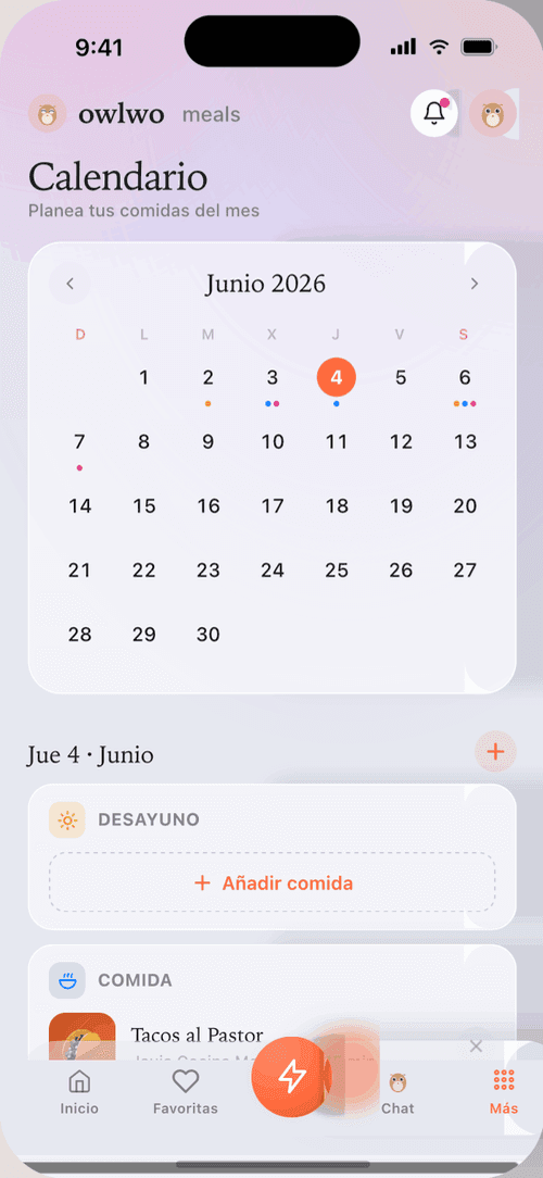 Calendario mensual de comidas en Owlwo Meals