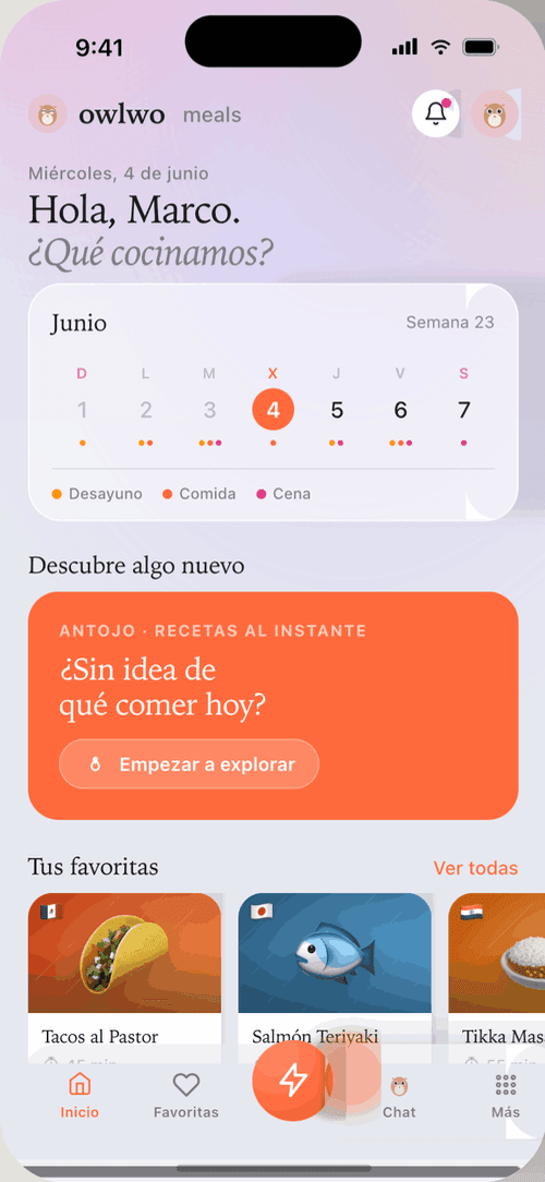 Inicio de Owlwo Meals, modo claro