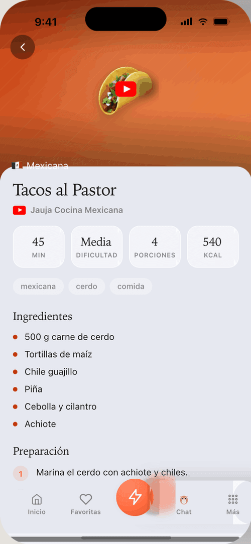 Detalle de receta con ingredientes y preparación